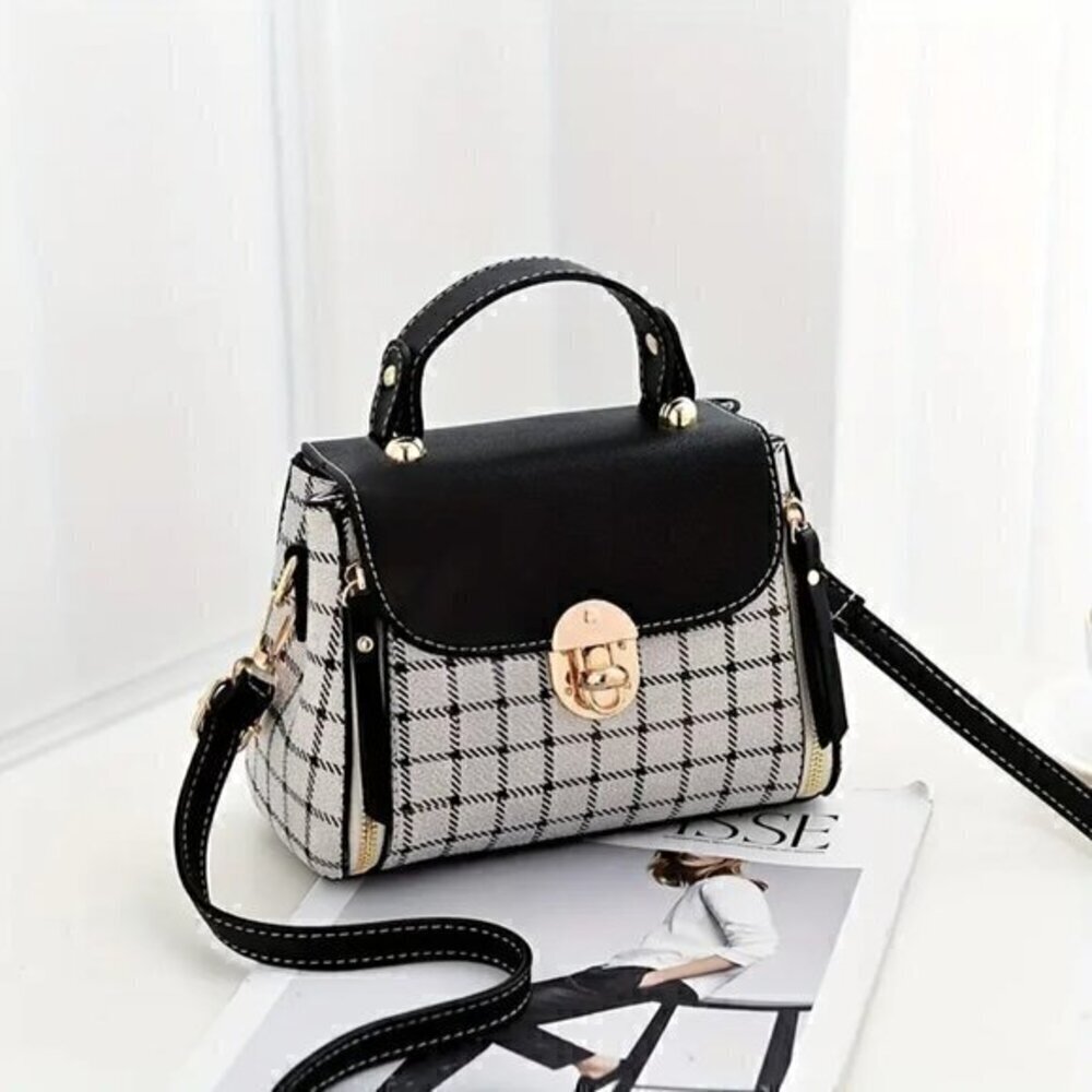 Plaid Pattern Handbag, Women's Buckle Decor Flap Purse, Fashion PU Leather Cross